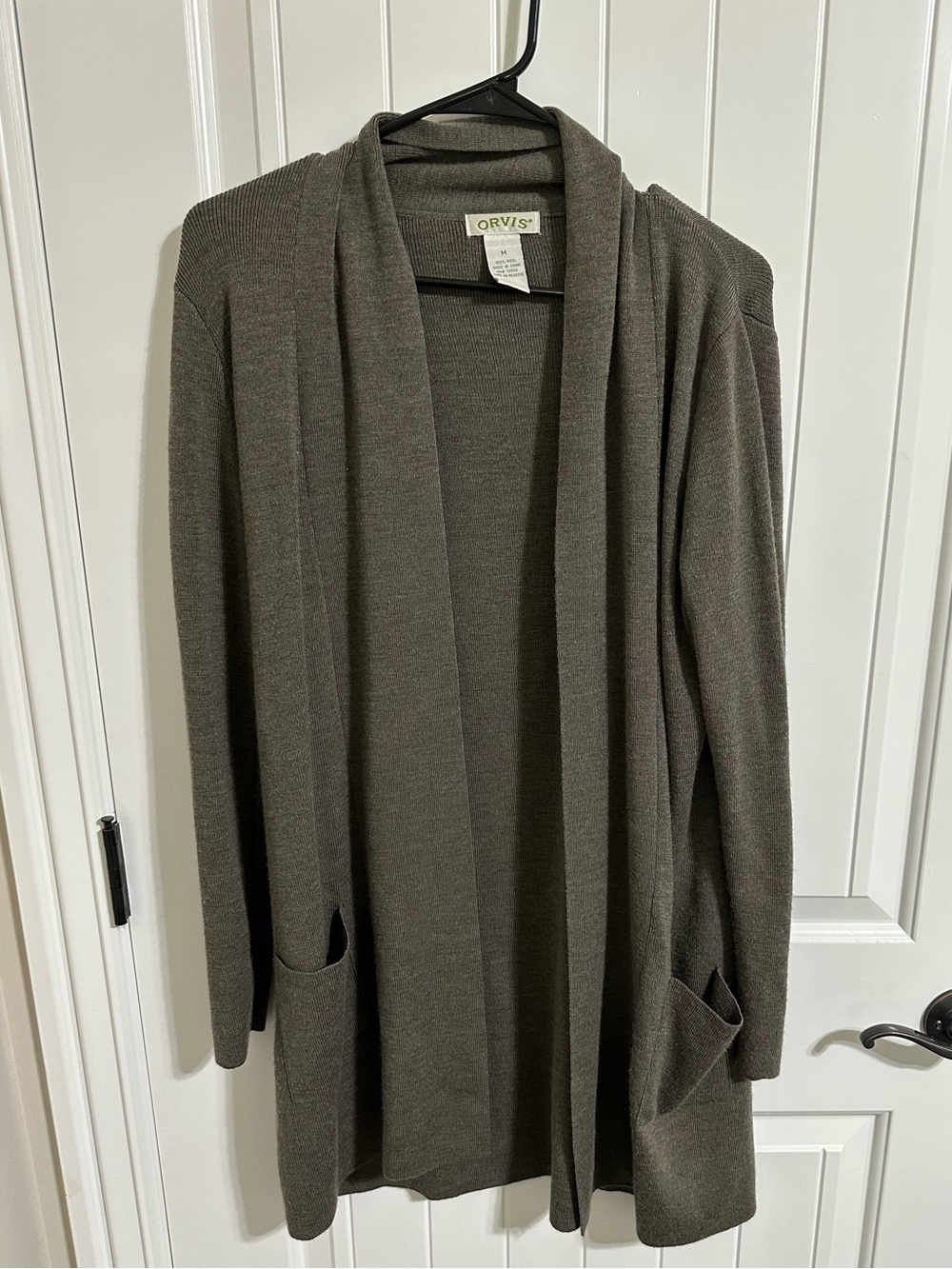Orvis Women's M Open Cardigan 100% Merino Wool Long Charcoal Pockets Cabincore